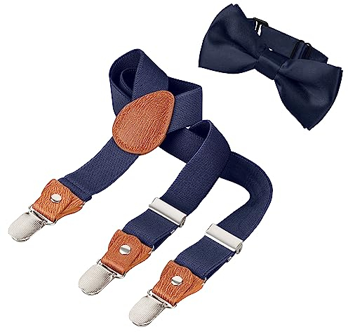 BomGuard 3 Clips Baby Kind Hosenträger + Fliege Set, 1-3 Jahre,dunkelblau