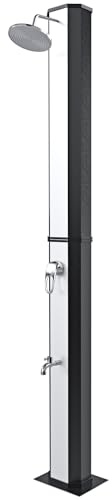 Soldusch 35 Liter 220Cm För Trädgård Pool Krom Regnstråle Med Temperaturregulator Och Fotdusch Flexibel Slanganslutning Utomhus Terrass Silver Svart