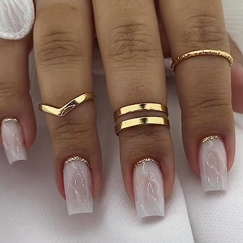 24 Stück Nägel Zum Aufkleben Kurz, Glossy French Weiß Marmor Künstliche Nägel, Eckig Acryl Kunstnägel Press on Nails mit Nagelkleber Aufkleber, Fingernägel Fake Nails für Frauen und Mädchen
