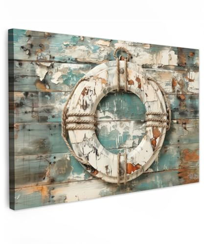 MuchoWow© Leinwand 90x60 cm Deko Schlafzimmer Aesthetic Leinwandbilder Wohnzimmer Gemälde Foto Geschenk Living Room Decoration Maritime - Boje - Rettungsring - Holz - Maritim