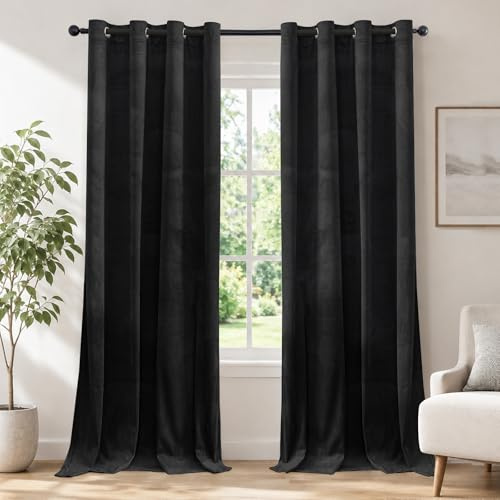 Ystyle Tende Per Interni In Velluto 2 Pezzi, 140x300 CM, Nero | Termiche Isolanti Anticaldo Tende Oscuranti per Interni per Camera da Letto e Soggiorno Moderno, Curtains con Anelli