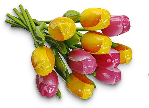 MomoMoments Tulpenstrauß aus Holz Pink/Gelb Mix für die Liebste, 11 Holztulpen, 34 cm hoch, handbemalt, Blumenstrauß, Holzblumen, Muttertag, Frauengeschenk, Made in Holland