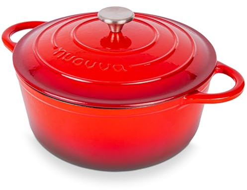 Casseruola in Ghisa Smaltata, Pentola Olandese Antiaderente con Coperchio, Induzione/Gas/Forno, Cottura Omogenea – 6.1 Liter 30cm Rosso – da Nuovva