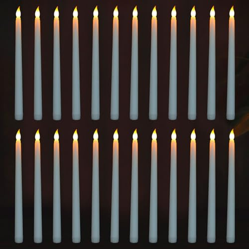 FAEFTY 24 Pezzi Candele LED Elettriche, Candele Senza Fiamma, Candele a Batteria, Candele Coniche Led Fiamma Tremolante per Natale, Ringraziamento, Festa (Bianco, 2.1 x 28 cm)