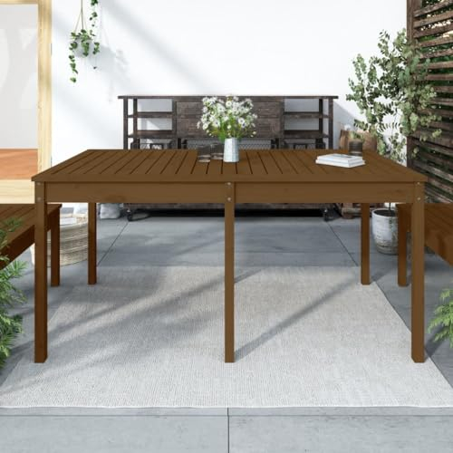 AUVYI Mesa de jardín, color marrón miel, 159,5 x 82,5 x 76 cm, madera maciza de pino, mesa auxiliar para exteriores, mesa de café, mesa de camping, mesa de bar, mesa de balcón, mesa pequeña, sofá,