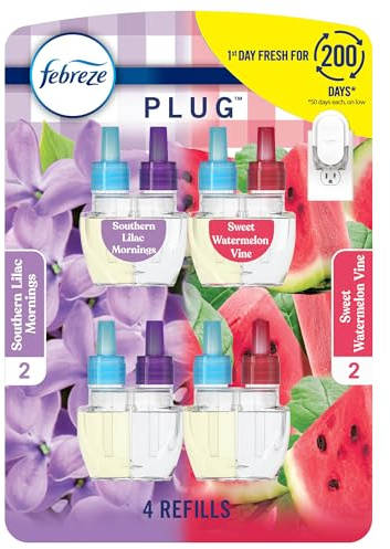 Febreze Odor-Fighting Fade Defy PLUG Air Freshener, Southern Lilac Mornings, Sweet Watermelon Vine, Pack of 4 (2 of Each), .79 fl. oz. Oil Refill