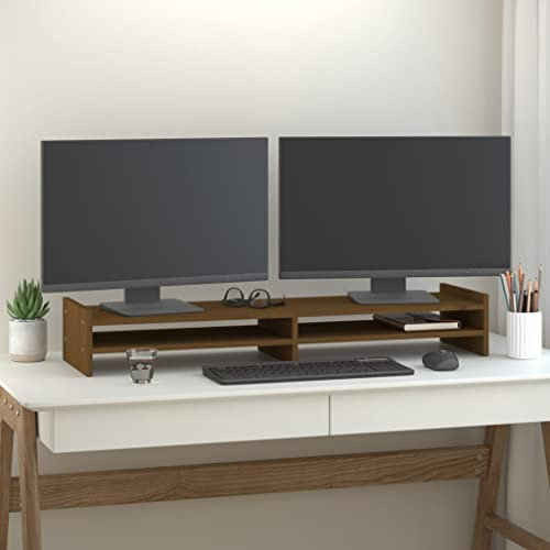 Toshilian Monitorständer, Bildschirmerhöhung, Computerständer für Büro, Monitorständer, Honigbraun, 100 x 27 x 15 cm, massives Kiefernholz
