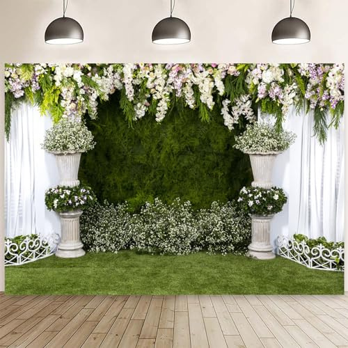 Hnmdmyi 3x2.4m Toile de Fond de Mariage Jardinière en Pierre Fleurs Rideau Blanc Lierre Vert Mur Fond de scène Photographique Douceur de Mariage Cérémonie d'anniversaire Décorations de fête