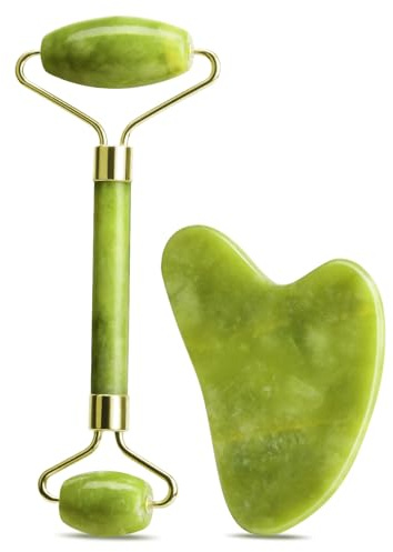 URAQT Herramienta Masaje Gua Sha y Rodillo Facial, Herramienta de Masaje Cuarzo, Anti Envejecimiento y Arruga Tablero de Gua Sha de Piedra Jade, Natural Herramienta Masaje Cuidado para Cara, Cuello