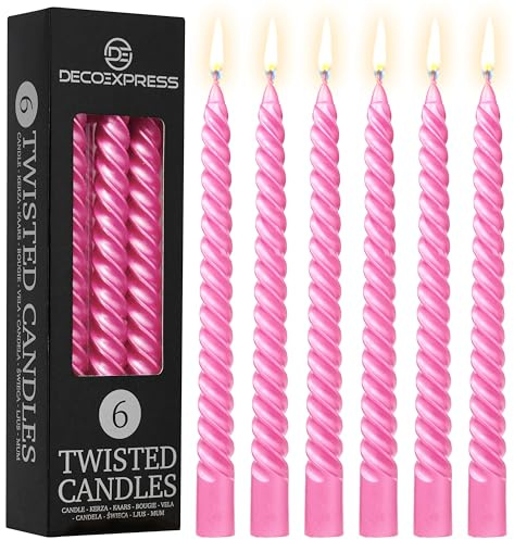 DECO EXPRESS Stabkerzen Set, 6er Packung, Tropffreie Gedrehte Bunte Kerzen, 6 Stunden Brenndauer Unparfümiert, Schlafzimmer Deko Geschenke für Valentinstag und Muttertag (Metallic-Pink, 6er-Pack)