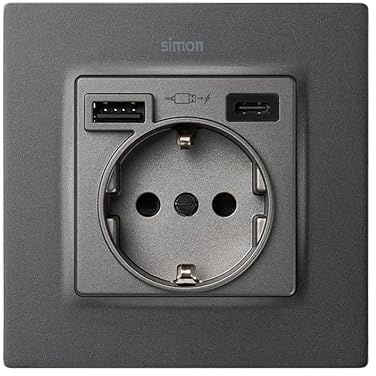 SIMON - Lote enchufe con doble cargador USB C+A 3.1A Quickcharge con marco titanio Simon 82 Concept