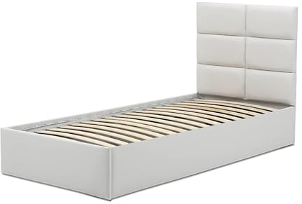 Mebligo - Polsterbett Kunstleder 90x200 mit Bettkasten, Einzelbett mit Lattenrost, Jugendbett mit Kopfteil, Stauraumbett Tores, Bett Ohne Matratze - Weiß