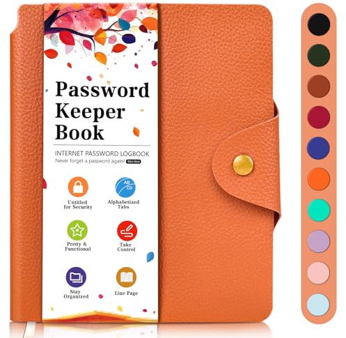 BLESWIN Password Book - Small Password Book Alphabetical with Tabs, Password Logbook for Computer and Internet Address Website Login, Password Journal for Book Buckle, Password Safety, Orange