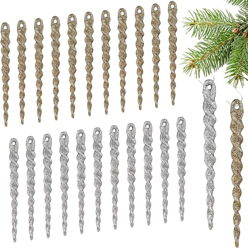 BRUBAKER Baumschmuck Eiszapfen Glitzer - 24-TLG. Weihnachtsbaumschmuck Set zum Hängen - 13 cm Christbaumschmuck aus Kunststoff - Weihnachtsdeko Anhänger Bruchsicher - Gold und Silber