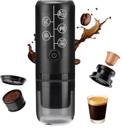i Cafilas tragbare elektrische Espressomaschine 12V Travel 10W, 17 Bar Pressure 2600mAh Wiederaufladbare Battery Heating Water for Outdoor，kompatibel mit gemahlenem Kaffee & NS-Kapsel (Schwarz)