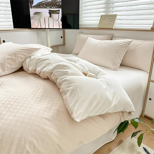 MAMAM 4pcs,Solid Color 100% Washed Cotton Duvet Cover Set,Reversible Quilt Cover Full Size,Soft Comforter Bedding Cover With Zipper Closure,Waffle Weave Quilt Cover(Camel-hair and white,Queen)