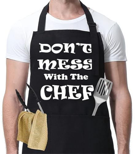 Cooking Apron, Don't Mess With The Chef Black Apron with 3 Front Pockets