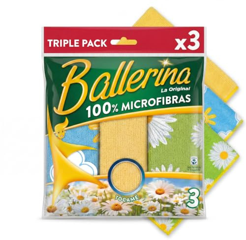 Ballerina Bayeta Microfibra 30×30 cm | Pack 3 Unidades | Estampado Flores | Bordes Cosidos, Alta Absorción y Resistencia | Extra Suavidad | Atrapa Polvo y Grasa | Lavable 60°
