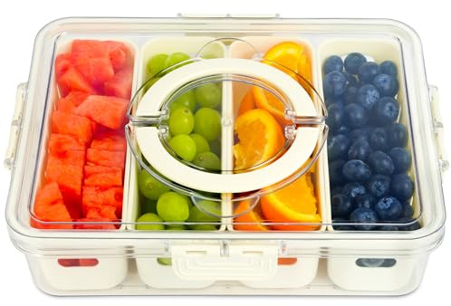 OSDUE Serveringsbricka med lock, 4 långa galler, förvaringsbox för snacks, mellanmålsbricka med lock och handtag, picknick, resor, kök, godis, grönsaker, frukt, nötter