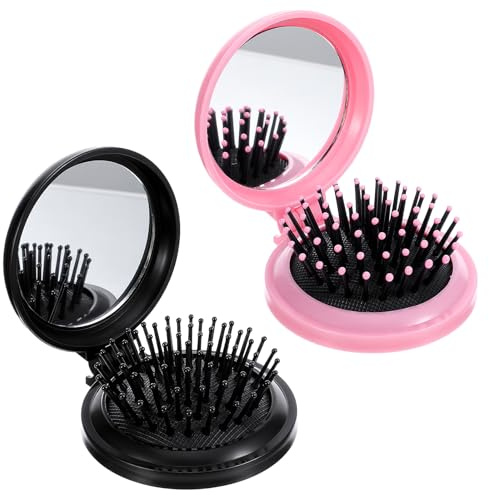 2PCS Folding Travel Mirror Hair Brushes, Round Folding Mirror Pocket Hairbrush, Foldable Hair-Brush with Makeup-Mirror for Women, Portable Mini Pop Up Hair-Brushes for Wet and Dry Hair (Black, Pink)
