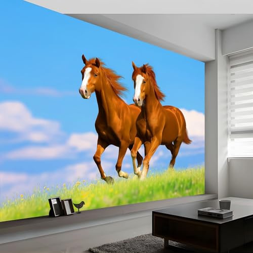 Papier peint intissé photographie de nature facile à poser, Fresque Murale ciel bleu herbe animal cheval Personnalisée pour Salon Chambre d’Enfants - Papier Peint Décorative 350 x 256 cm (L x H)