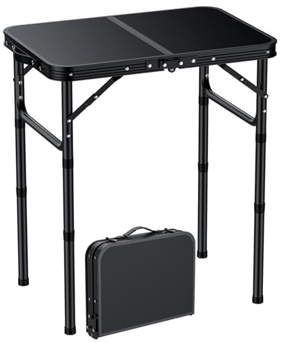 EYPINS Folding Camping Table 58x40 cm, Max Height 70cm Aluminum Picnic Table 3 Heights Adjustable, 2ft Portable Table Lightweight with Carry Handle for Catering Buffet and Garden, Black