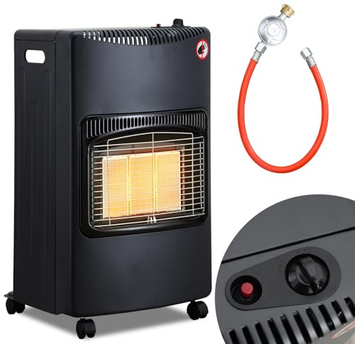 Hebitod Gasheizofen Gasheizung innen 3 Stufen Regler Wärmeleistung 1500-4200 Watt max. Heizvolumen 80 Kubikmeter Butan- oder Propangasflaschen bis 10 kg verwendbar inkl DE-zu-EU-Adapter