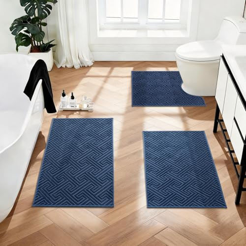 YIHOUSE Navy Blue Bathroom Rugs Sets 3 Piece, Quick Dry Non Slip Bath Rug, Absorbent Machine Washable Thin Bath Mat for Restroom Floor Tub Laundry Room Home Decor