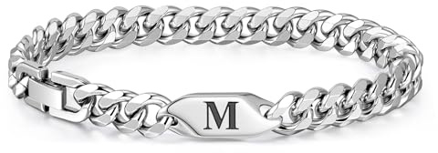 FLHEART Herren Armband mit Buchstaben Edelstah Panzerkette - Silber Kubanische Armbänder Gravur Initial A-Z Buchstabe, Geschenke für Männer Geburtstag Vatertagsgeschenk, M