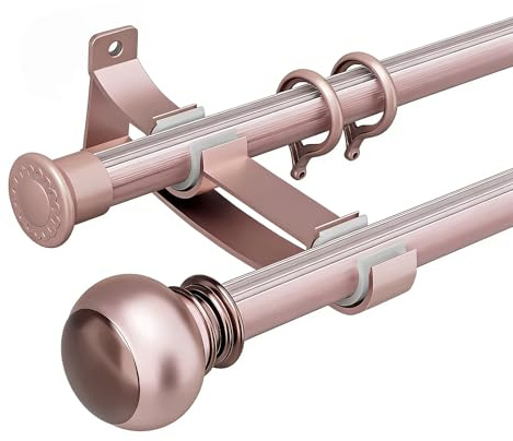 Bastone per tenda doppio in alluminio di alta qualità, 28 mm, capacità 50 kg, scorrimento silenzioso, con anelli in ABS, eleganti finali, montaggio a parete, per soggiorno e camera da letto (oro rosa