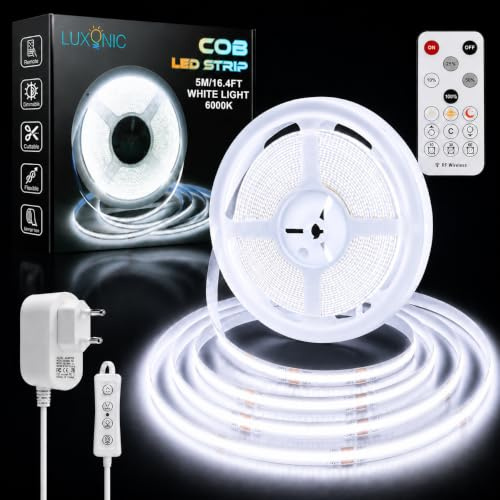 LUXONIC 24V COB Striscia LED 5M, 8MM,bianco freddo 6000K continuo Strisce LED, Luci LED dimmerabili con telecomando, fascia luminosa LED flessibile ultra luminosa CRI90+ per gabinetto, casa, TV, Feste