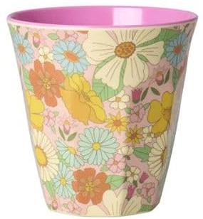 ReWu RICE Melamin Becher Floral/Flower Power – Dunkles Pink innen – H 9 cm Ø 9 cm – leichter Trinkbecher für Kinder & Erwachsene – robustes Camping- & Outdoor-Geschirr