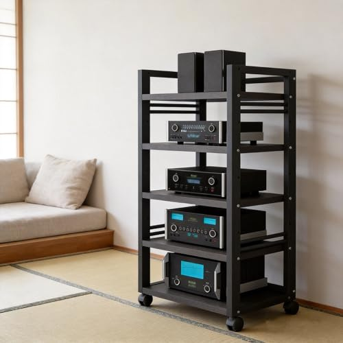 Mobile Stereo Hi fi Rack Rack HiFi A 5 Livelli Con Ruote, Supporto For Supporti Audio-Video, Ripiano Audio, Tavolo Giradischi Con Ripiani Regolabili, For Soggiorno, Camera Da Letto, Studio(Nero)
