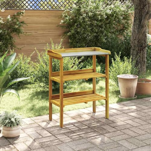 Runheo Tavolo per piante in legno di acacia massiccio con 2 ripiani e piano di lavoro in zinco, 76 x 37 x 92 cm, resistente alle intemperie, tavolo da giardinaggio per balcone, terrazza, giardino