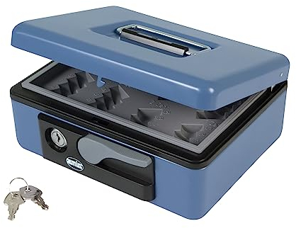 Amig - Sicherheits Geldkassette aus Stahl | Mit Münzschale und Griff | Automatischer Öffnungsmechanismus | Vielseitig und kompakt | Blau, 197x154x80 mm