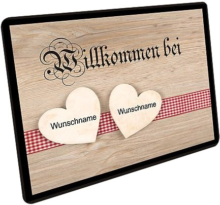 CreaLuxe Fussmatte 'Wunschtext/Wunschname Willkommen Bei - Motiv 2 Herzen mit Banderole' personalisiert, Fußabtreter, Fußabstreifer für die Haustür, Fußmatte rutschfest