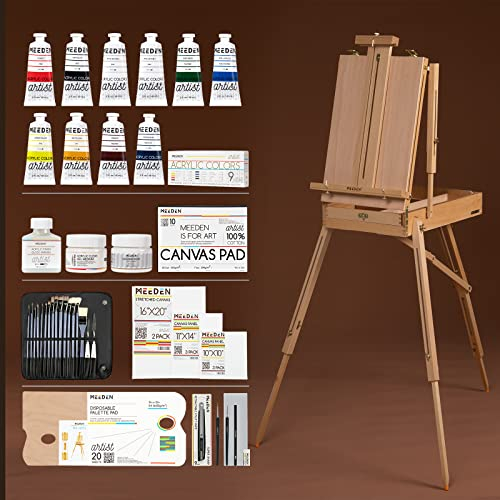MEEDEN Staffelei Holz Groß, Kofferstaffelei Staffelei Set mit Acryl-Farben, Pinsel-Set, Leinwände,Palette, Tischstaffelei Leinwand Ständer für Künstler und Erwachsene, hält Leinwände bis zu 86cm
