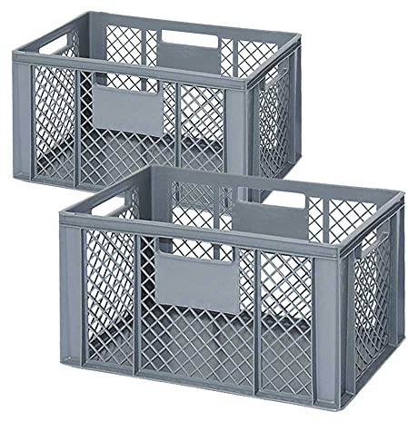 BRB 2 Eurobehälter mit 4 Durchfassgriffen, LxBxH 600x400x320 mm, 63 Liter, grau