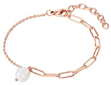 Valero Pearls Damen Armband Edelstahl roségold | rosévergoldet 18 Karat, Ankerarmband/Gliederarmband, Süßwasser-Zuchtperle, ca. 6,3 mm, weiß, barock, Karabinerverschluss