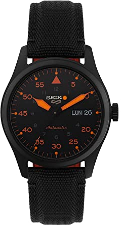 Seiko 5 sport fliger orologio automatico nero e arancione SRPH33K1