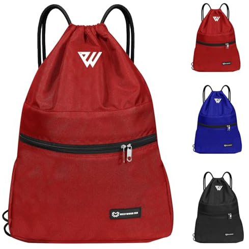 WESTWOOD FOX WFX Tasche mit Kordelzug, wasserdicht, Sport, Fitnessstudio, Rucksack für Damen und Herren, PE-Beutel, Außentasche, Reißverschluss, Schule, Strand, Urlaub, Schwimmen (Red)