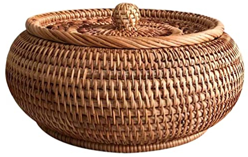 BESTonZON Kasten Früchtekorb Obsttablett Gewobener Korb Snack-tablett Dekorative Kästen Mit Deckel Geflochtener Aufbewahrungskorb Rundes Tablett Schreibtischablage Weide Rattan Snack-Korb