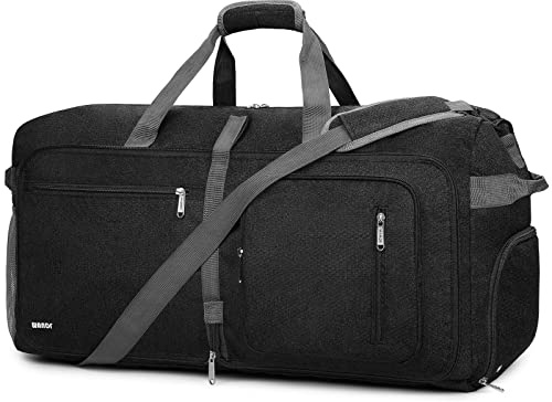 WANDF Reisetasche mit Schuhfach Faltbare Weekender-Reisetasche Handgepäck für Männer Frauen (Schwarz,65L) | Reisetasche Faltbar Wasserdicht mit Schuhfach Handgepäck für Männer Frauen