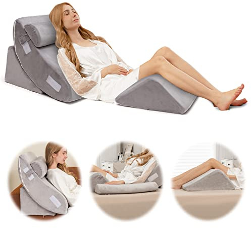 COSTWAY Almohada de Cuña para la Cama de 4 Piezas, Juego de Almohadas Postquirúrgicas de Espuma de Memoria para Aliviar el Dolor de Espalda, Cuello y Piernas, Almohada de Soporte de Espalda Ajustable