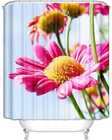EHOMERY Duschvorhangvorrichtung Duschrollo Nach Maß Rosa Marguerite-Blumen-Blüte Polyester Rostfreie Ösen Und 12 Hakenringe, 160X180Cm