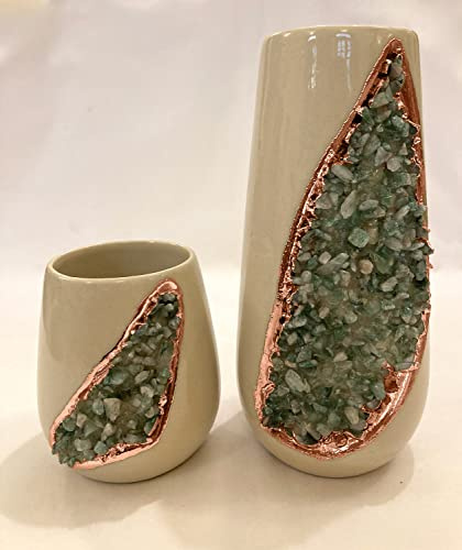 Cream and Gold Ceramic Vase/Planter/Pot/Wine Goblet/Mug with Light Green Semi - Precious Agate Crystal Gemstones |Large(Height 8 inches), (Rose Gold - Finish)