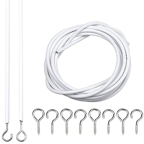 HomeImprove 2 m langes weißes Vorhangdrahtseil mit kostenlosen Haken- und Ösenbeschlägen, Netzvorhang-Set, 2 Meter Vorhangschiene, Drahtschnur mit Haken für Fenstervorhänge, Gardinen und Bilder.