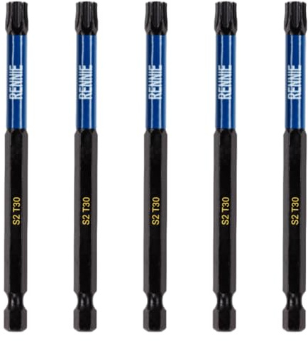 Rennie Tools T30 TX30 Schlagschrauber-Bit-Set, 100 mm lang, strapazierfähig, magnetisch, Torx-Schraubendreher-Bits, schwarz oxidbeschichtete Torx-Schlagschrauber-Bits, 5 Stück | Robustes magnetisches Torx-Schraubendreher-Bit-Set. Schwarzoxidbeschichtete Torx-Schlagschrauber-Bits. Torx Bit Set