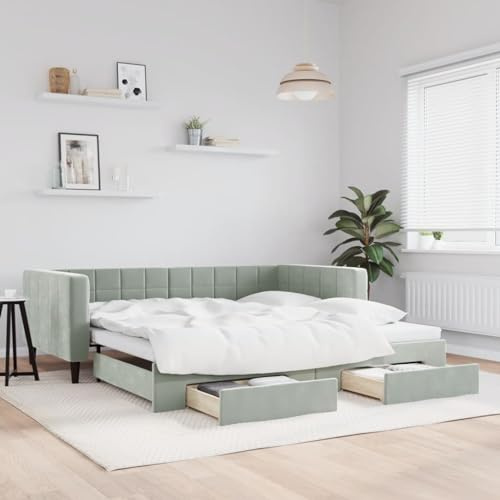 DJEKA Tagesbett Ausziehbar 100x200 cm mit Schubladen Jugendbett 100x200 cm Bett Mit Ausziehbett Hellgrau-4 Tagesbett 100x200 Ausziehbar Tagesbett aus Holz Tagesbettgestell Sofabett Schlafsofa Samt