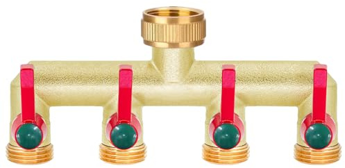 iBamso 4-Wege Verteiler, 3/4 Zoll Messing Wasserverteiler Verlängerter Handgriff, zum Anschluss 4 Geräten Gartenschlauch Adapter, Wasserdurchfluss Regulier und Absperrbar für GartenBewässerung